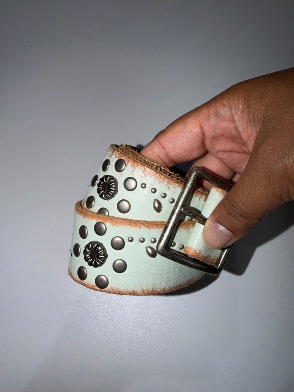 Linea Pelle Genuine Leather Belt Size L Studded Rhinestones Sea Green Y2K Hobo